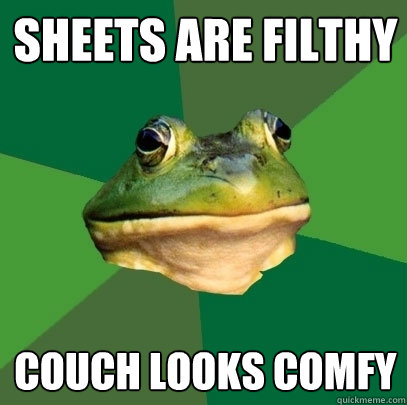 sheets are filthy couch looks comfy  Foul Bachelor Frog