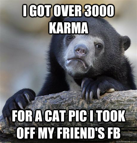 I got over 3000 karma  for a cat pic I took off my friend's fb  Confession Bear