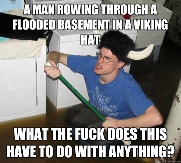 A man rowing through a flooded basement in a viking hat What the fuck does this have to do with anything?  They said