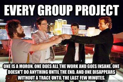 Every Group Project One is a moron. One does all the work and goes insane. One doesn't do anything until the end. And one disappears without a trace until the last few minutes. - Every Group Project One is a moron. One does all the work and goes insane. One doesn't do anything until the end. And one disappears without a trace until the last few minutes.  Hangover Group Project