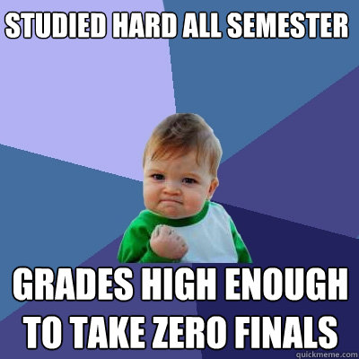 studied hard all semester grades high enough to take zero finals - studied hard all semester grades high enough to take zero finals  Success Kid