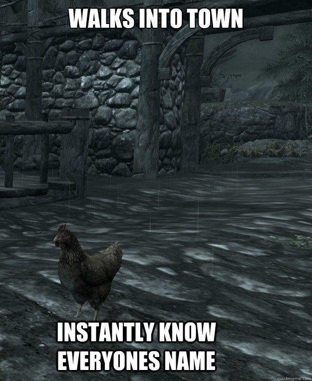 walks into town instantly know everyones name - walks into town instantly know everyones name  Skyrim Logic