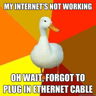 my internet's not working oh wait, forgot to plug in ethernet cable  Tech Impaired Duck