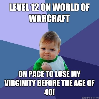 Level 12 on World of Warcraft  On pace to lose my virginity before the age of 40!  Success Kid