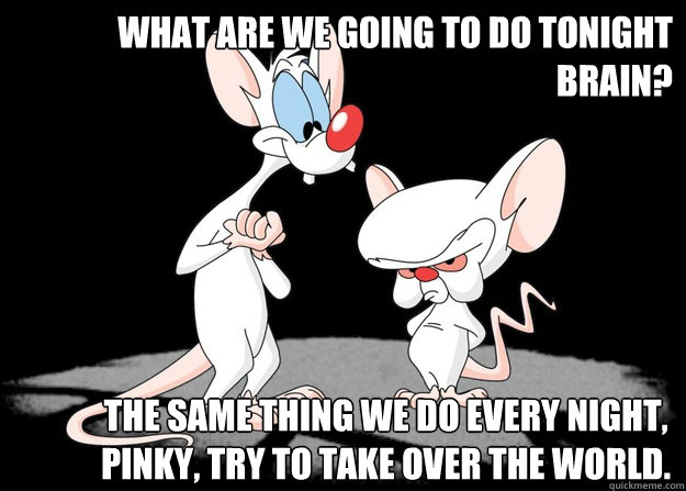 What are we going to do tonight Brain? The Same Thing we do every night, pinky, try to take over the world.  Pinky and the Brain