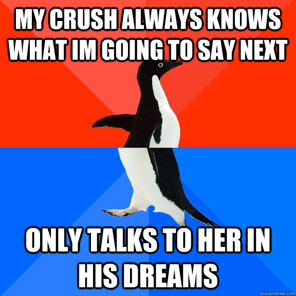 my crush always knows what im going to say next only talks to her in his dreams  Socially Awesome Awkward Penguin