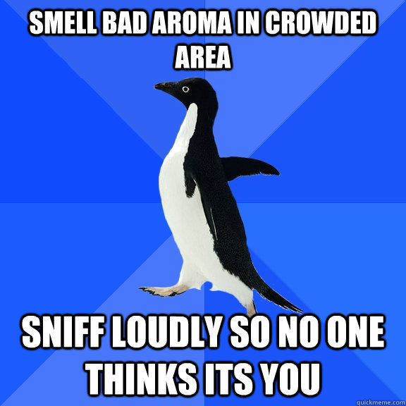 Smell bad aroma in crowded area Sniff loudly so no one thinks its you  Socially Awkward Penguin