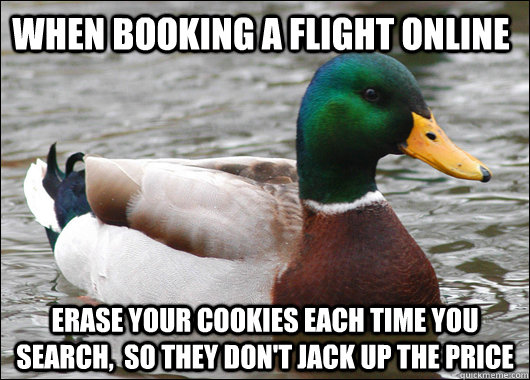 When booking a flight online erase your cookies each time you search,  so they don't jack up the price  Actual Advice Mallard