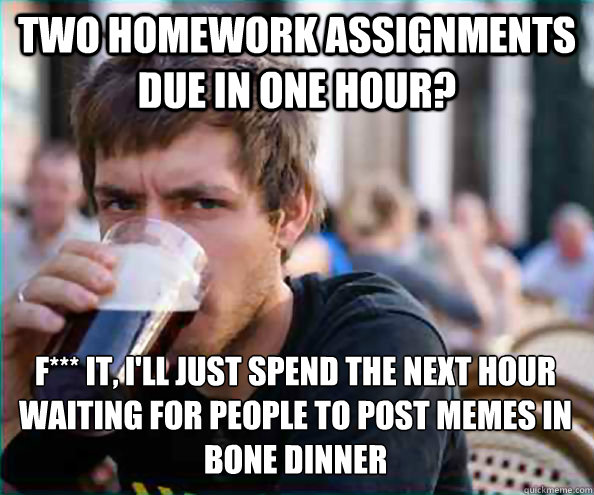 two homework assignments due in one hour? f*** it, i'll just spend the next hour waiting for people to post memes in bone dinner   Lazy College Senior
