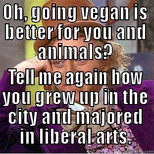 OH, GOING VEGAN IS BETTER FOR YOU AND ANIMALS? TELL ME AGAIN HOW YOU GREW UP IN THE CITY AND MAJORED IN LIBERAL ARTS. Condescending Wonka