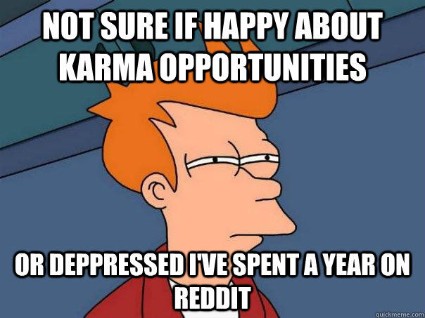 Not sure if happy about karma opportunities Or deppressed I've spent a year on reddit  Futurama Fry