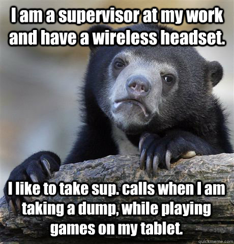 I am a supervisor at my work and have a wireless headset. I like to take sup. calls when I am taking a dump, while playing games on my tablet.  Confession Bear