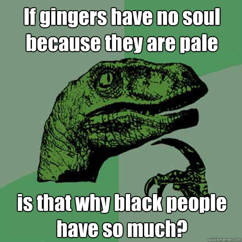 If gingers have no soul because they are pale is that why black people have so much? - If gingers have no soul because they are pale is that why black people have so much?  Philosoraptor