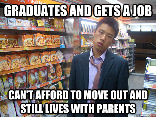 Graduates and gets a job Can't afford to move out and Still lives with parents  Disenchanted Young Professional
