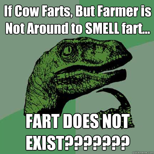 If Cow Farts, But Farmer is Not Around to SMELL fart... FART DOES NOT EXIST???????  Philosoraptor