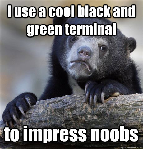 I use a cool black and green terminal to impress noobs  Confession Bear