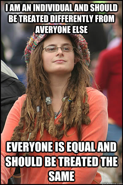 I am an individual and should be treated differently from averyone else Everyone is equal and should be treated the same - I am an individual and should be treated differently from averyone else Everyone is equal and should be treated the same  College Liberal