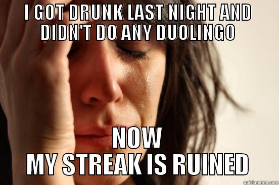 I GOT DRUNK LAST NIGHT AND DIDN'T DO ANY DUOLINGO NOW MY STREAK IS RUINED First World Problems