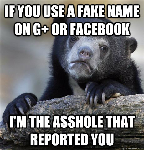 if you use a fake name on G+ or facebook i'm the asshole that reported you - if you use a fake name on G+ or facebook i'm the asshole that reported you  Confession Bear