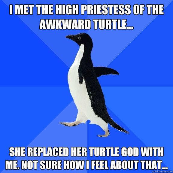 I met the High Priestess of the Awkward Turtle... she replaced her turtle god with me. Not sure how I feel about that...  Socially Awkward Penguin