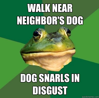 walk near neighbor's dog dog snarls in disgust  Foul Bachelor Frog
