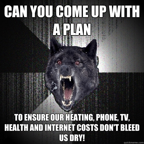 Can you come up with a plan  to ensure our heating, phone, TV, health and Internet costs don't bleed us dry! - Can you come up with a plan  to ensure our heating, phone, TV, health and Internet costs don't bleed us dry!  Insanity Wolf