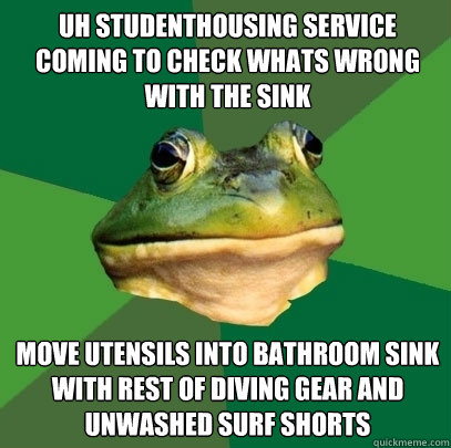 uh studenthousing service coming to check whats wrong with the sink move utensils into bathroom sink with rest of diving gear and unwashed surf shorts  Foul Bachelor Frog
