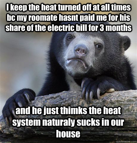 I keep the heat turned off at all times bc my roomate hasnt paid me for his share of the electric bill for 3 months and he just thimks the heat system naturaly sucks in our house  Confession Bear