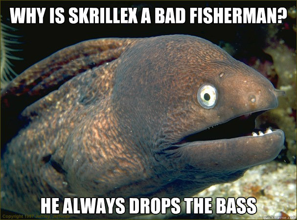 Why is Skrillex a bad fisherman? He always drops the bass  Bad Joke Eel