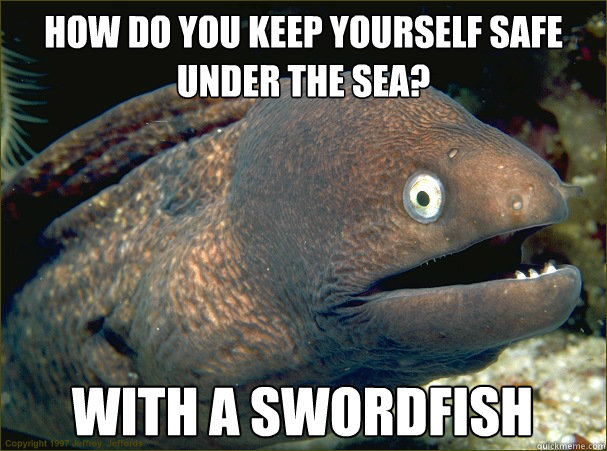 How do you keep yourself safe under the sea? With a swordfish  Bad Joke Eel