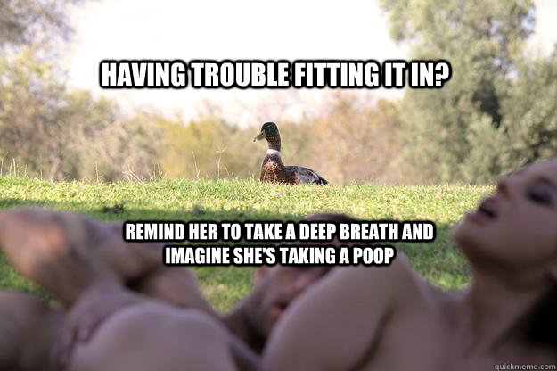 Having Trouble fitting it in? Remind her to take a deep breath and imagine she's taking a poop  Good Advice Duck