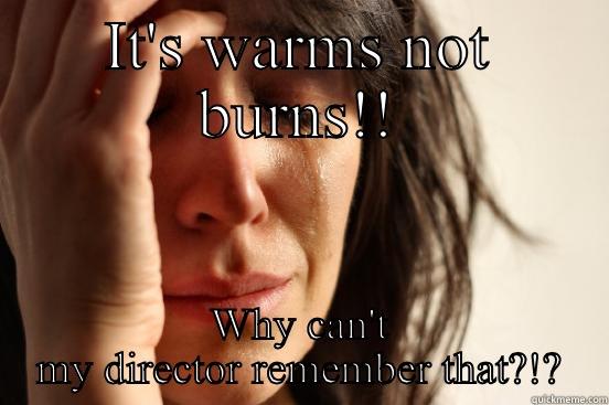IT'S WARMS NOT BURNS!! WHY CAN'T MY DIRECTOR REMEMBER THAT?!? First World Problems