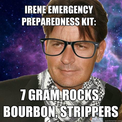 IRENE Emergency Preparedness Kit:  7 gram rocks, Bourbon, Strippers  Hipster Charlie Sheen