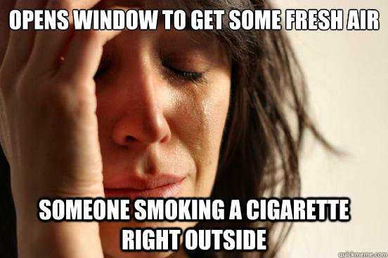 Opens window to get some fresh air Someone smoking a cigarette right outside  First World Problems