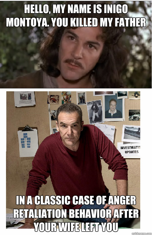 Hello, my name is inigo montoya. you killed my father in a classic case of anger retaliation behavior after your wife left you  inigo gideon