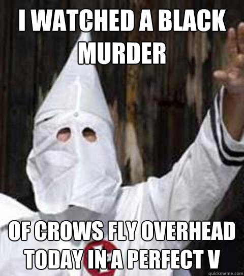 I watched a black murder of crows fly overhead today in a perfect v  Friendly racist