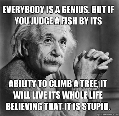 Everybody is a genius. But if you judge a fish by its ability to climb a tree, ability to climb a tree, it will live its whole life believing that it is stupid. - Everybody is a genius. But if you judge a fish by its ability to climb a tree, ability to climb a tree, it will live its whole life believing that it is stupid.  Albert Einstein