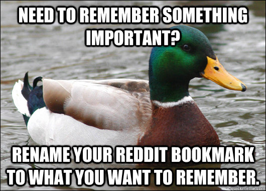 Need to remember something important? Rename your reddit bookmark to what you want to remember.  Actual Advice Mallard
