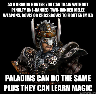 As a dragon hunter you can train without penalty one-handed, two-handed melee weapons, bows or crossbows to fight enemies Paladins can do the same plus they can learn magic - As a dragon hunter you can train without penalty one-handed, two-handed melee weapons, bows or crossbows to fight enemies Paladins can do the same plus they can learn magic  Gothic - game