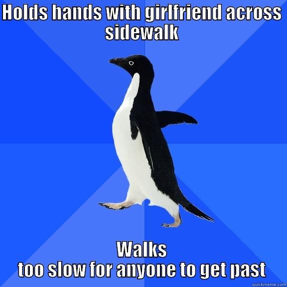 HOLDS HANDS WITH GIRLFRIEND ACROSS SIDEWALK WALKS TOO SLOW FOR ANYONE TO GET PAST Socially Awkward Penguin