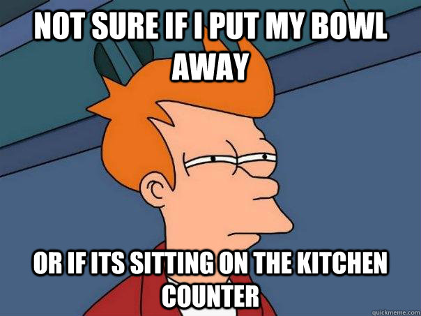 not sure if i put my bowl away Or if its sitting on the kitchen counter  Futurama Fry