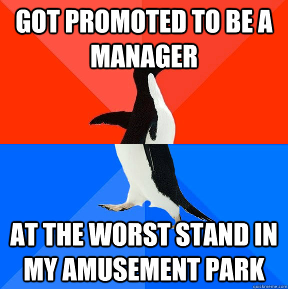 Got promoted to be a manager at the worst stand in my amusement park  Socially Awesome Awkward Penguin