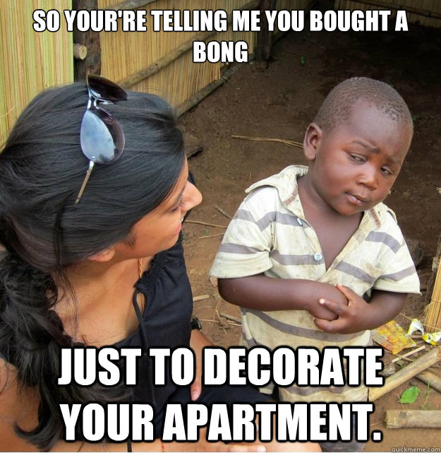 So your're telling me you bought a bong just to decorate your apartment.  Skeptical Third World Kid