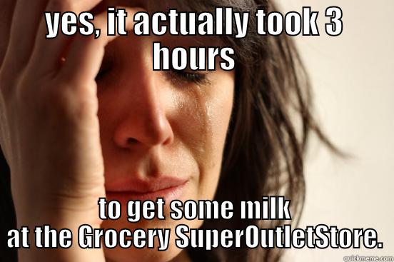 YES, IT ACTUALLY TOOK 3 HOURS TO GET SOME MILK AT THE GROCERY SUPEROUTLETSTORE. First World Problems