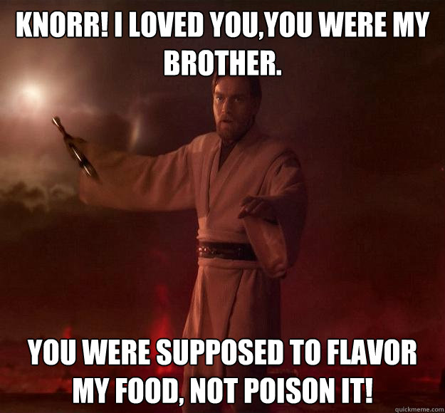 Knorr! I loved you,you were my brother. You were supposed to flavor my food, not poison it! - Knorr! I loved you,you were my brother. You were supposed to flavor my food, not poison it!  Scumbag Obi-Wan Kenobi
