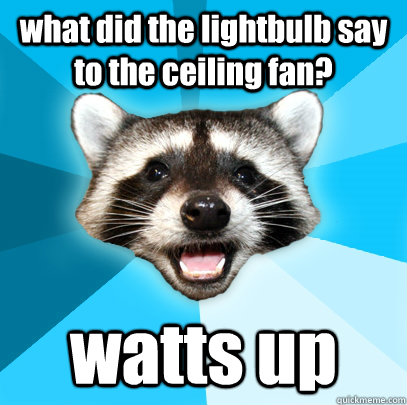 what did the lightbulb say to the ceiling fan? watts up  Lame Pun Coon