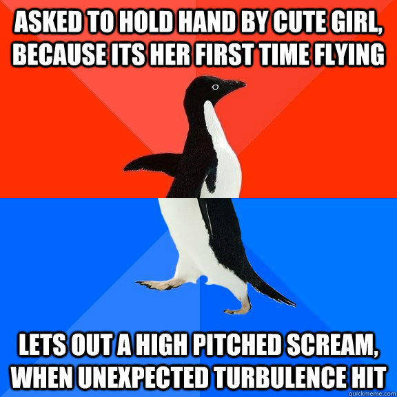 asked to hold hand by cute girl, because its her first time flying lets out a high pitched scream, when unexpected turbulence hit  Socially Awesome Awkward Penguin