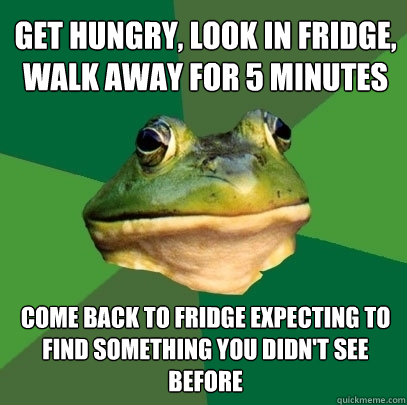 get hungry, look in fridge, walk away for 5 minutes come back to fridge expecting to find something you didn't see before - get hungry, look in fridge, walk away for 5 minutes come back to fridge expecting to find something you didn't see before  Foul Bachelor Frog