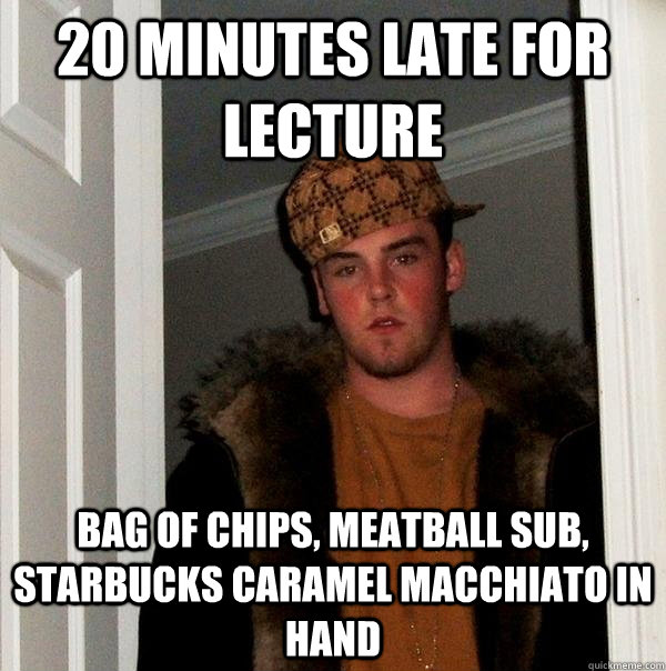20 Minutes late for lecture Bag of chips, meatball sub, starbucks caramel macchiato in hand   Scumbag Steve