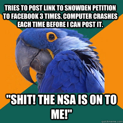Tries to post link to Snowden petition to facebook 3 times. Computer crashes each time before I can post it. 